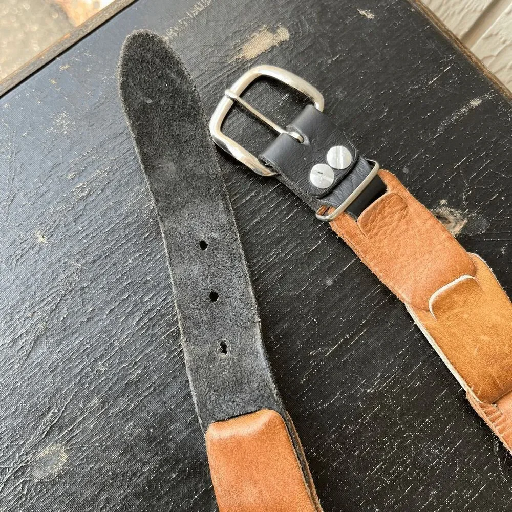 Vintage 70s Multitone Leather Loop Belt Rustic Artisan Patchwork Unisex